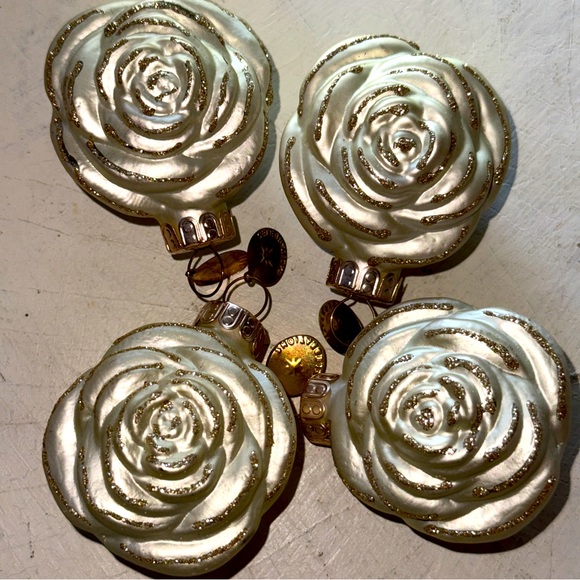 4 Celebrations Christopher Radko Silver Gold Rose Ornaments Blown Glass Glitter - Picture 1 of 8